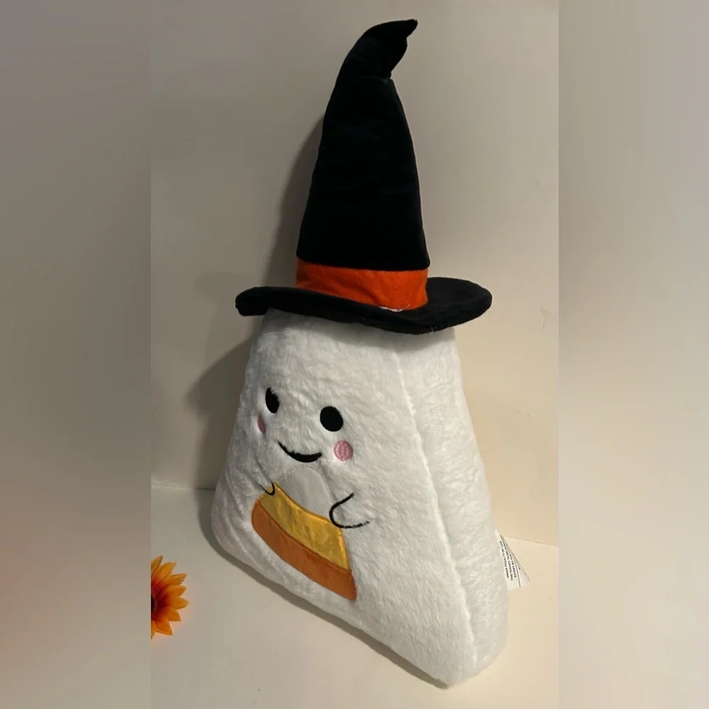Halloween Candy Corn Ghost Throw Pillow Plush with Witch Hat New